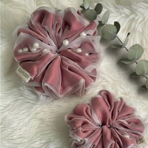 Chic Pink and White Hair Scrunchie with Pearls pack of 2